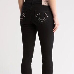 TRUE RELIGION Jennie Crystal Mid Rise Skinny Jeans in Black Rinse